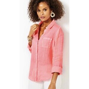 Lilly Pulitzer Sea View Linen Button Down Top Sunrise Size Small